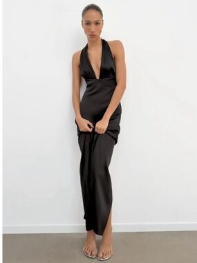 Zara Black Satin Halter Maxi Dress